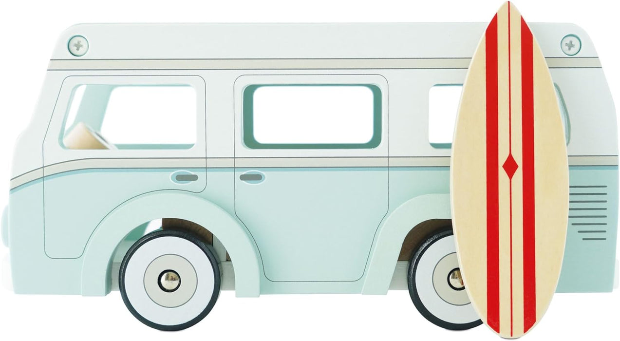 Le Toy Van Holiday Campervan Toy with Surfboard  Retro Wooden Pretend Play Set