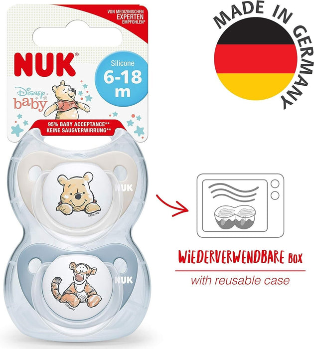 Junior NUK Trendline Baby Dummy: Pooh Boy, 0-6M - 2-Pack Silicone Soothers
