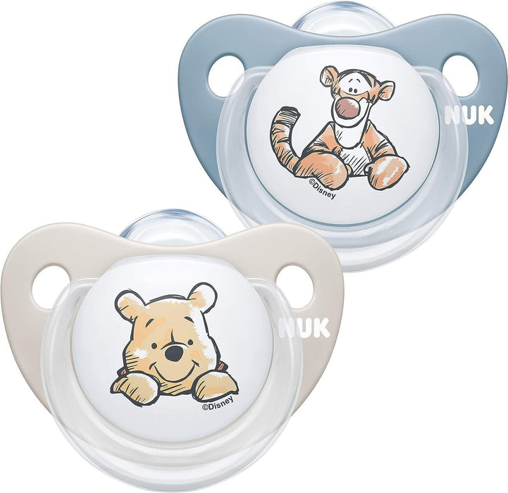 Junior NUK Trendline Baby Dummy: Pooh Boy, 0-6M - 2-Pack Silicone Soothers